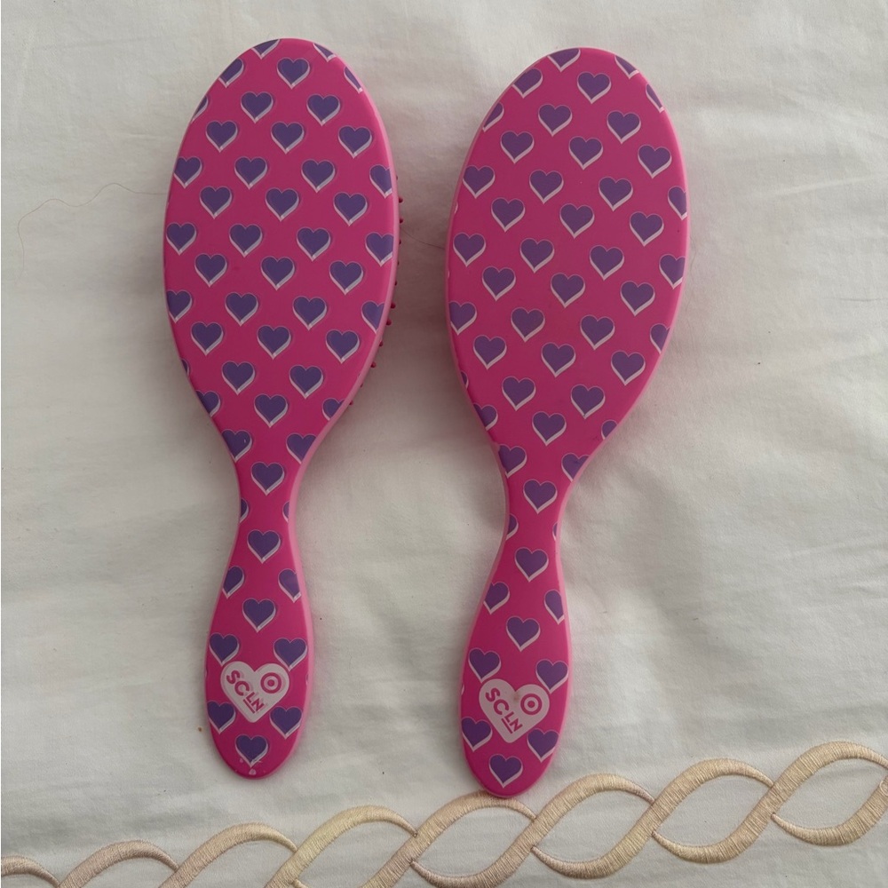 Set of 2 Stoney clover lane Pink Paddle Hair Brush Duo with Purple Heart Pattern